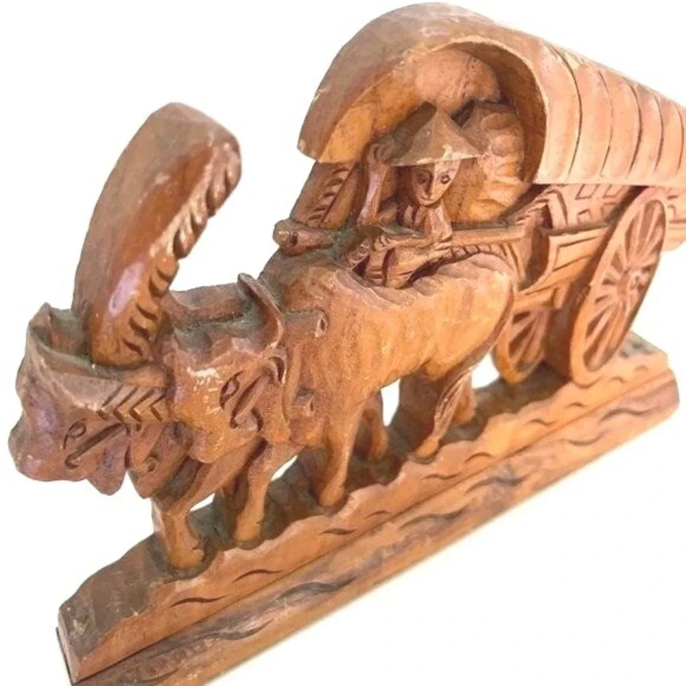 Vtg Artisan‎ Handcrafted Bullock Cart Oxen Rider Carving Wood Figurine Folk Art